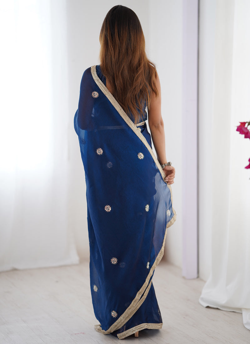 Vegaa Fashion Blue Fandy Silk Moti & Val Sequence Designer Saree - Distacart