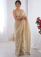 Vegaa Fashion Beige Organza Moti & Val Sequence Party Wear Saree - Distacart