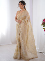 Vegaa Fashion Beige Organza Moti & Val Sequence Party Wear Saree - Distacart
