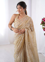 Vegaa Fashion Beige Organza Moti & Val Sequence Party Wear Saree - Distacart