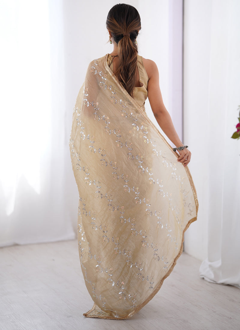 Vegaa Fashion Beige Organza Moti & Val Sequence Party Wear Saree - Distacart