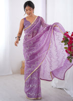 Vegaa Fashion Lavender Organza Moti & Val Sequence Party Wear Saree - Distacart