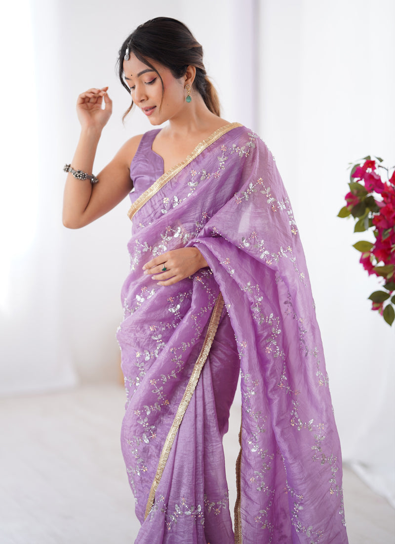 Vegaa Fashion Lavender Organza Moti & Val Sequence Party Wear Saree - Distacart