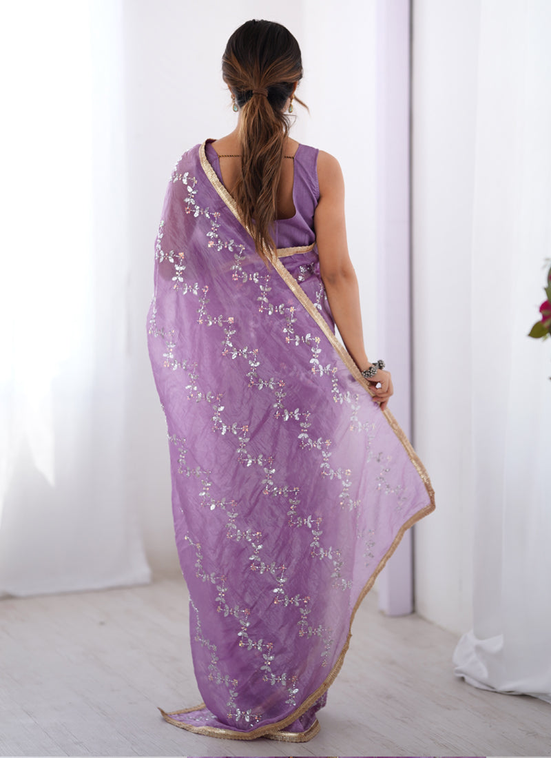 Vegaa Fashion Lavender Organza Moti & Val Sequence Party Wear Saree - Distacart