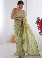 Vegaa Fashion Light Green Organza Moti & Val Sequence Party Wear Saree - Distacart