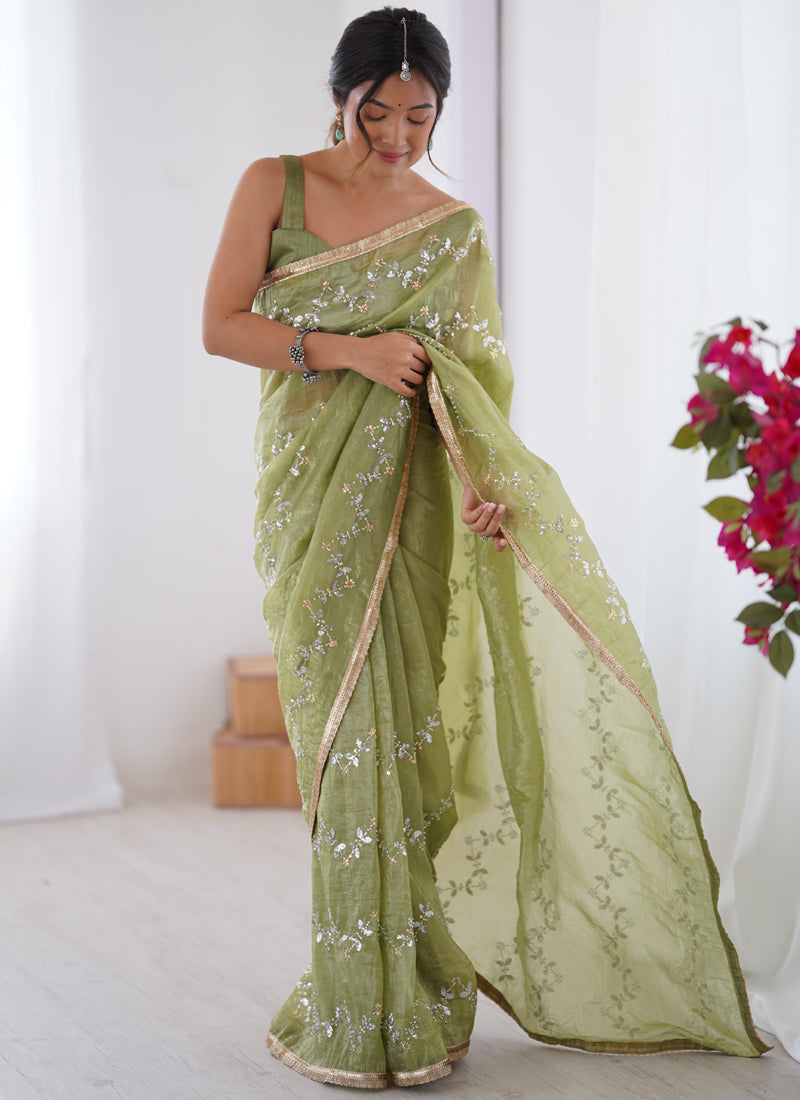 Vegaa Fashion Light Green Organza Moti & Val Sequence Party Wear Saree - Distacart