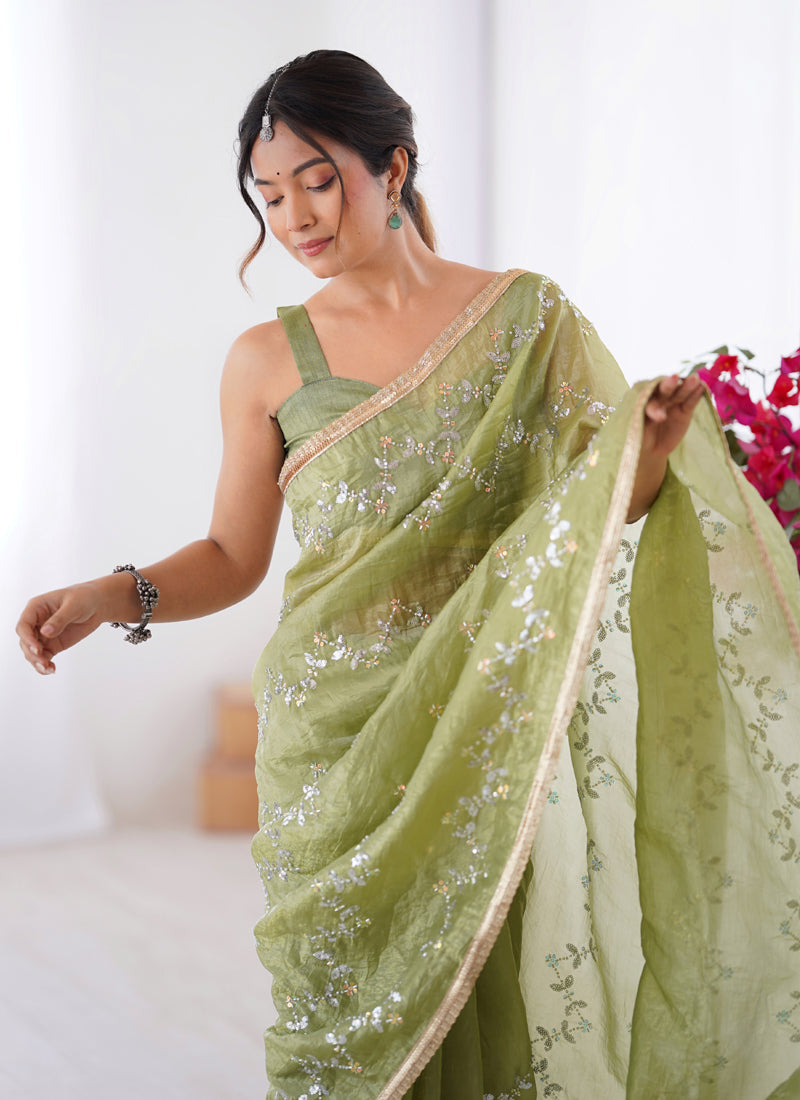 Vegaa Fashion Light Green Organza Moti & Val Sequence Party Wear Saree - Distacart