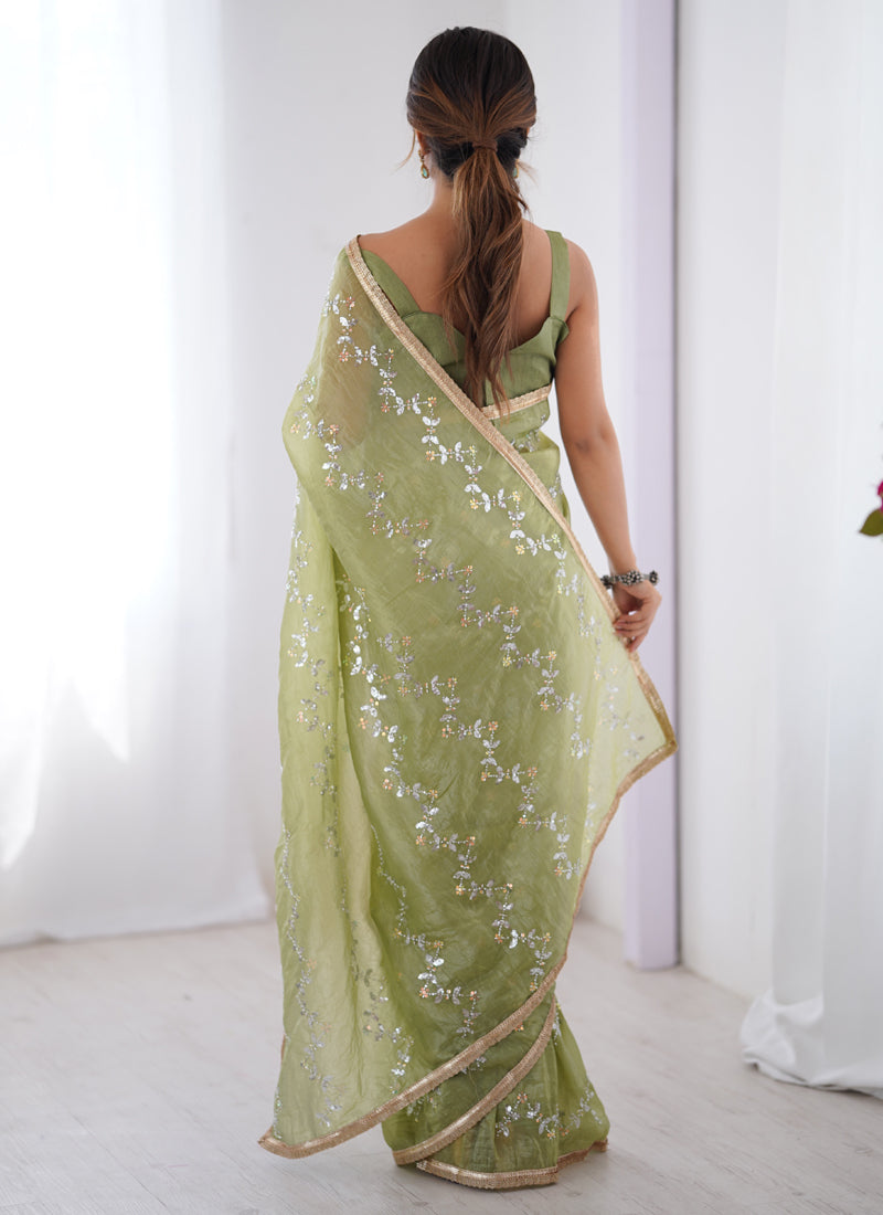 Vegaa Fashion Light Green Organza Moti & Val Sequence Party Wear Saree - Distacart