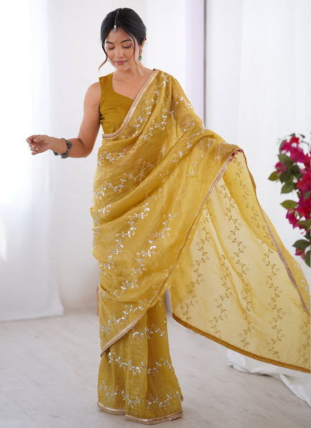 Vegaa Fashion Mustard Organza Moti & Val Sequence Party Wear Saree