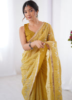 Vegaa Fashion Mustard Organza Moti & Val Sequence Party Wear Saree - Distacart