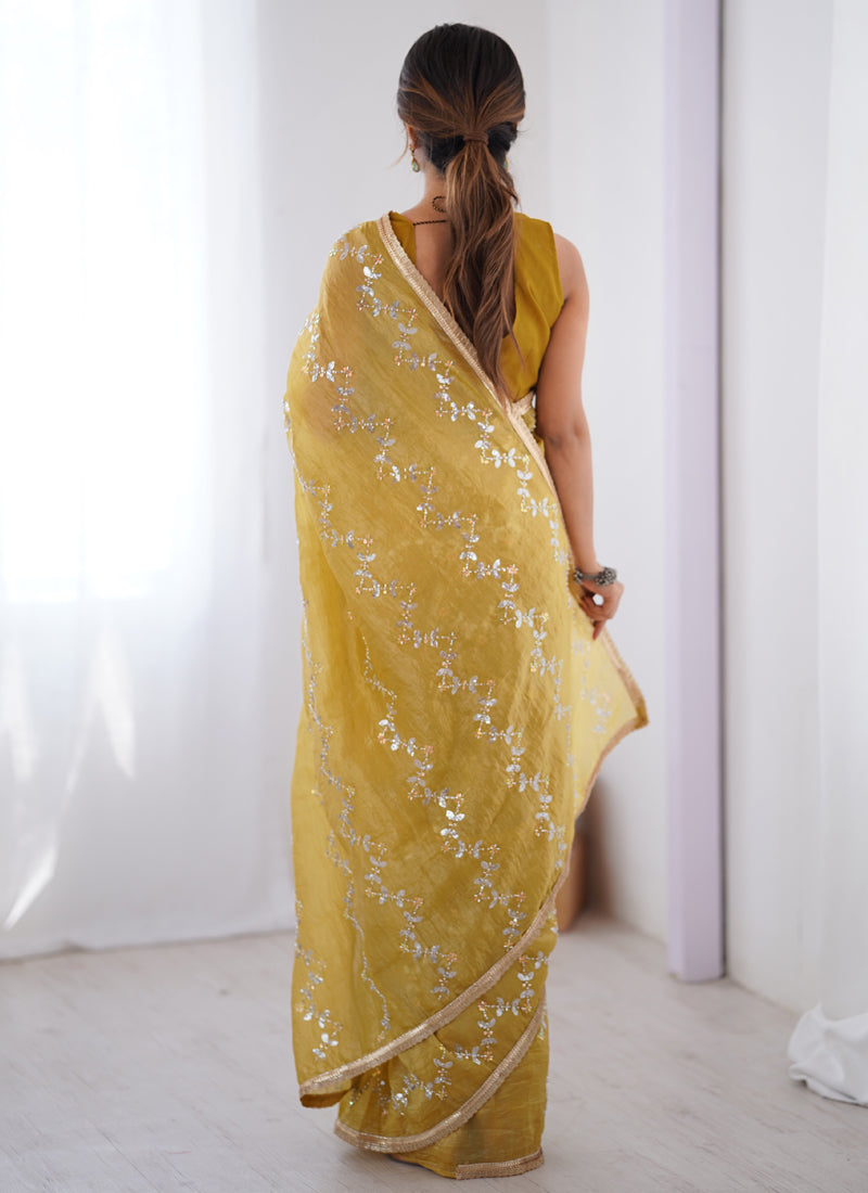 Vegaa Fashion Mustard Organza Moti & Val Sequence Party Wear Saree - Distacart