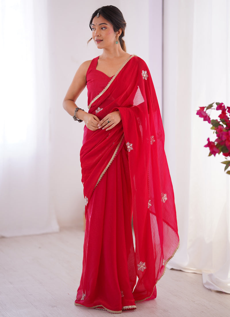 Vegaa Fashion Red Fandy Silk Moti & Val Sequence Designer Saree - Distacart