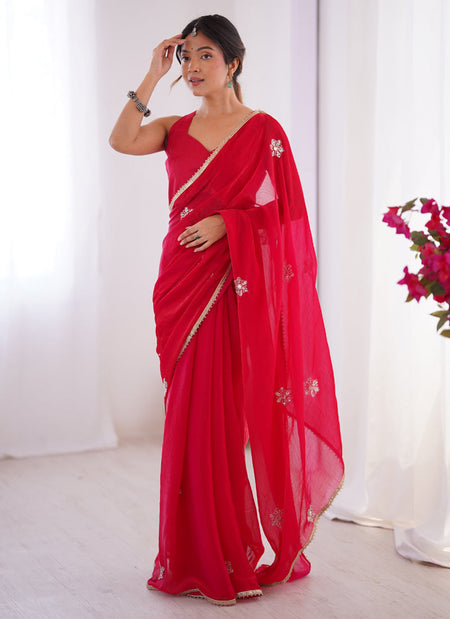 Vegaa Fashion Red Fandy Silk Moti & Val Sequence Designer Saree