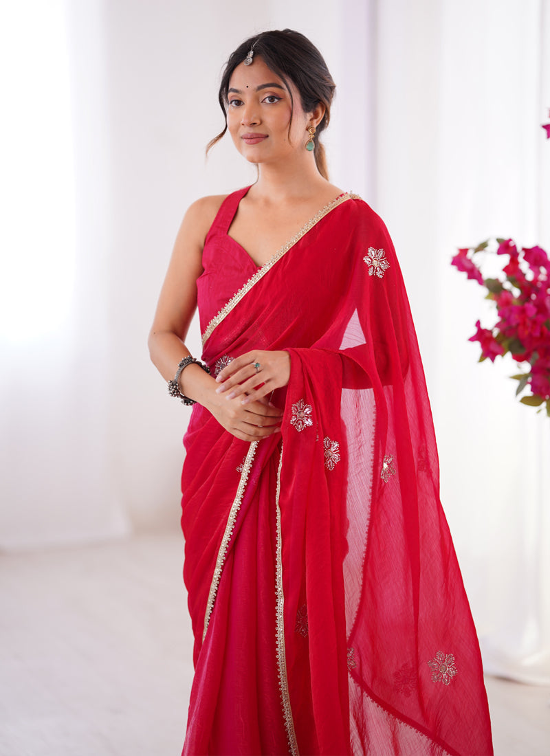 Vegaa Fashion Red Fandy Silk Moti & Val Sequence Designer Saree - Distacart
