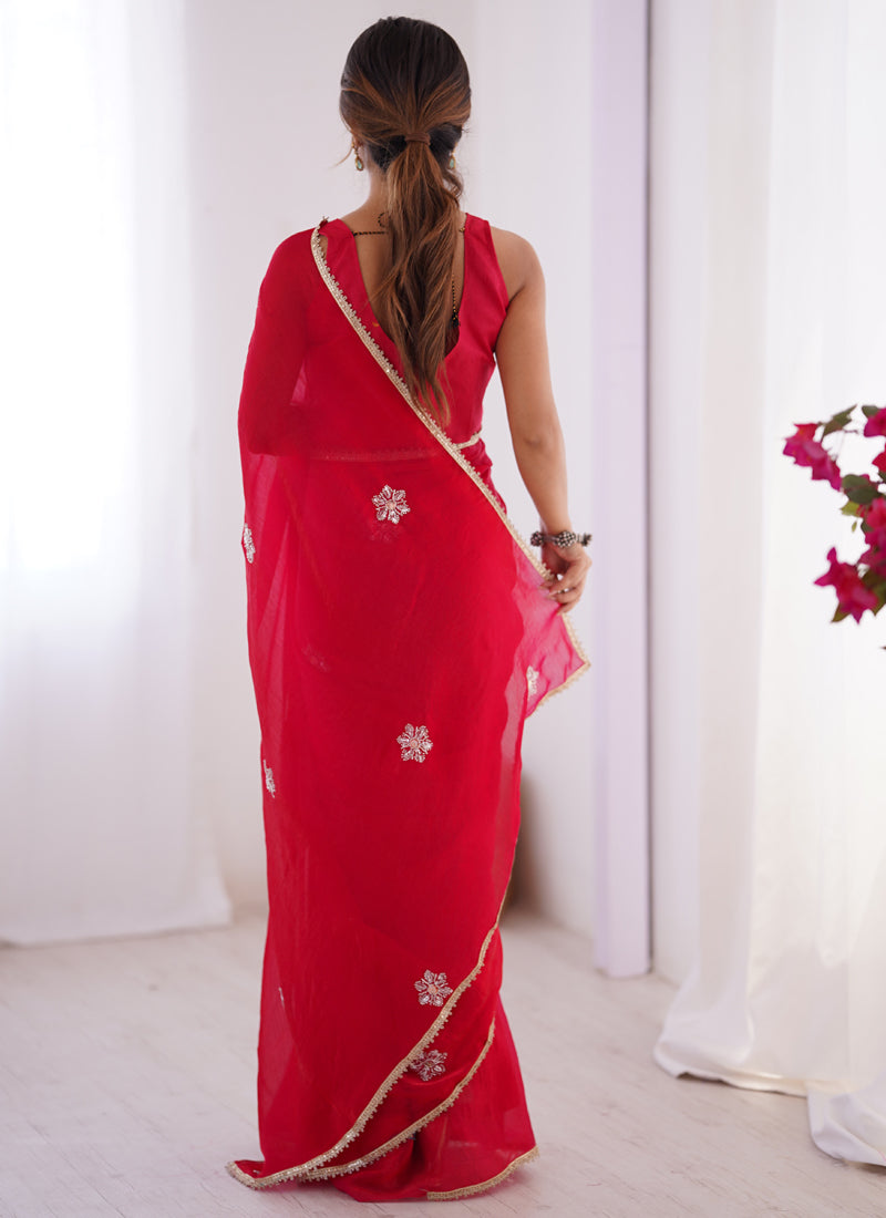Vegaa Fashion Red Fandy Silk Moti & Val Sequence Designer Saree - Distacart