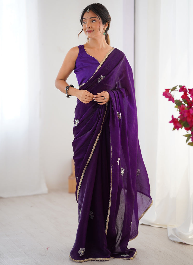 Vegaa Fashion Violet Fandy Silk Moti & Val Sequence Designer Saree - Distacart