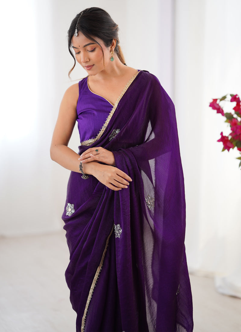 Vegaa Fashion Violet Fandy Silk Moti & Val Sequence Designer Saree - Distacart