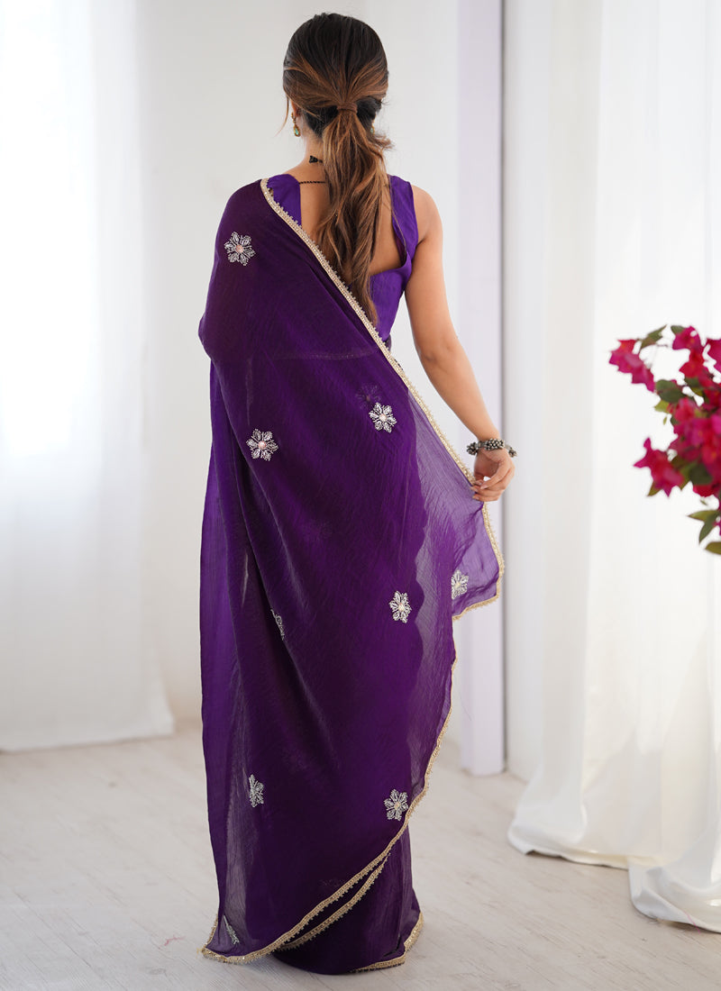 Vegaa Fashion Violet Fandy Silk Moti & Val Sequence Designer Saree - Distacart