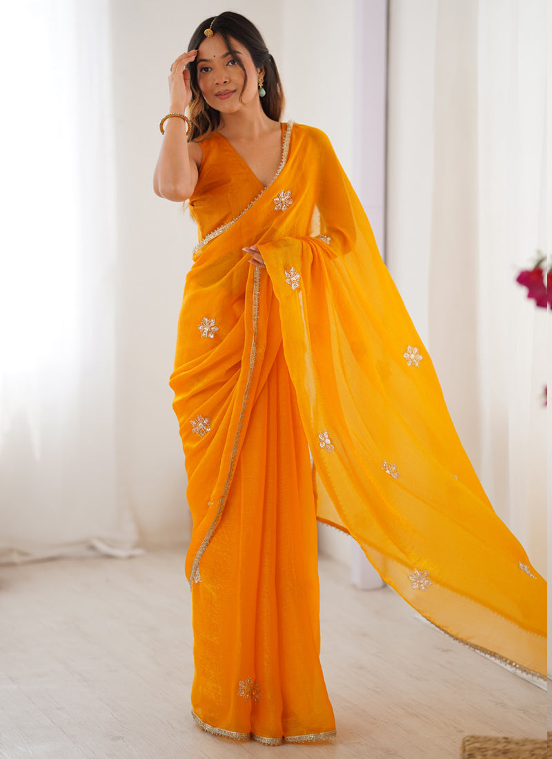 Vegaa Fashion Yellow Fandy Silk Moti & Val Sequence Designer Saree - Distacart