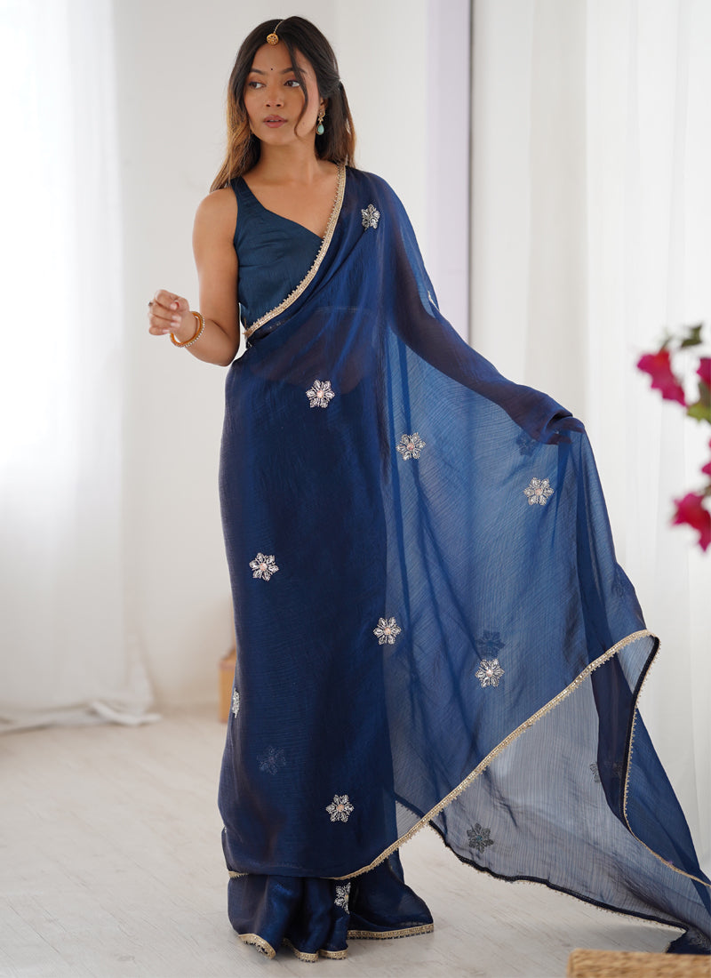 Vegaa Fashion Blue Fandy Silk Moti & Val Sequence Designer Saree - Distacart
