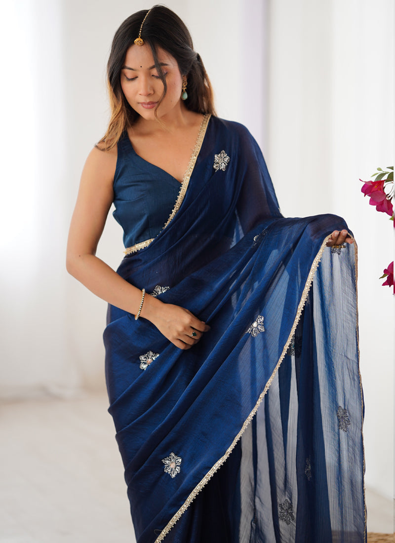 Vegaa Fashion Blue Fandy Silk Moti & Val Sequence Designer Saree - Distacart