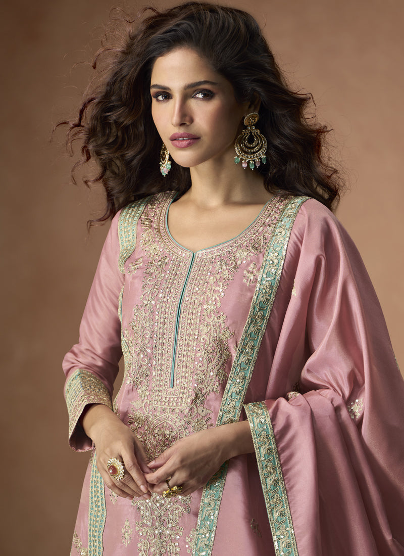 Vegaa Fashion Onion Pink Organza Simar Silk Embroidered Palazzo Suit - Distacart