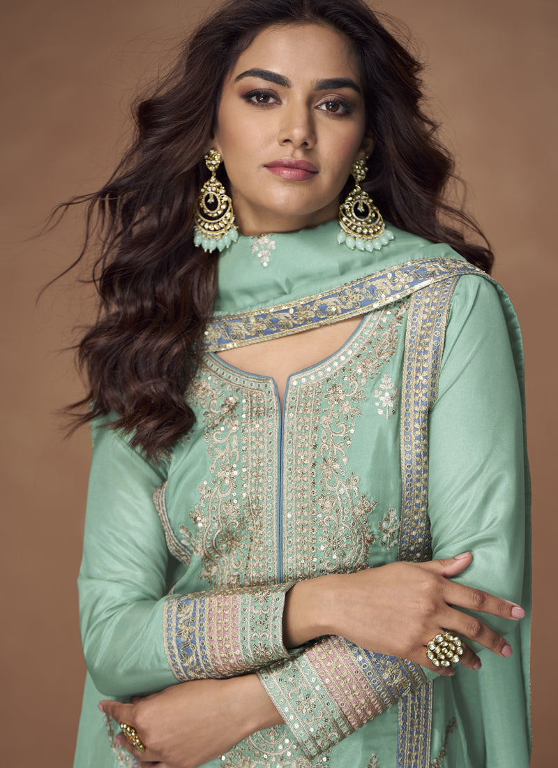 Vegaa Fashion Sea Green Organza Simar Silk Embroidered Palazzo Suit - Distacart
