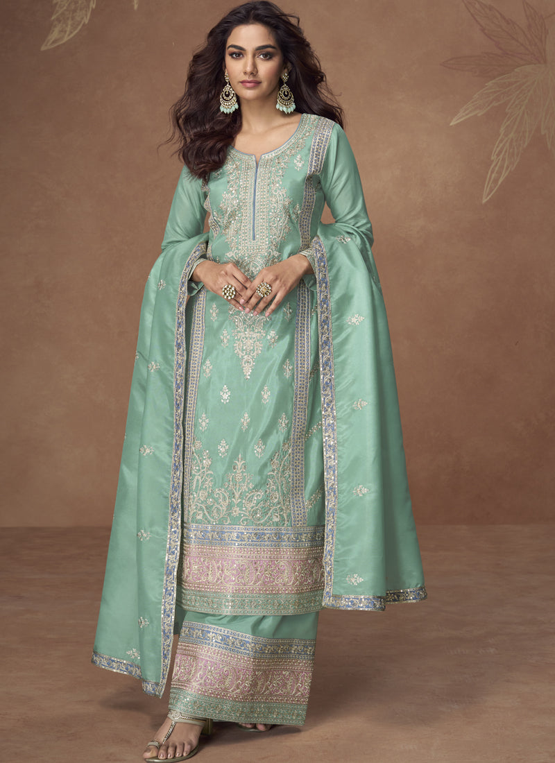 Vegaa Fashion Sea Green Organza Simar Silk Embroidered Palazzo Suit - Distacart