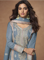Vegaa Fashion Grey Organza Simar Silk Embroidered Palazzo Suit - Distacart