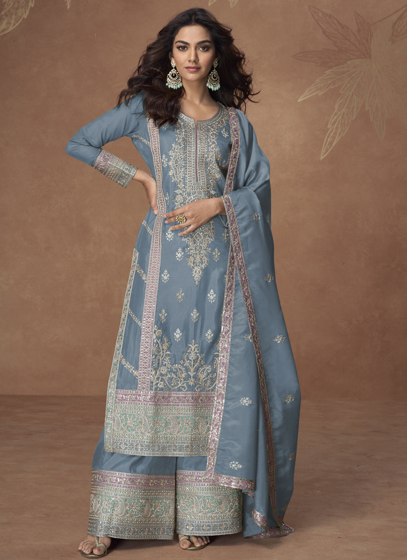 Vegaa Fashion Grey Organza Simar Silk Embroidered Palazzo Suit - Distacart