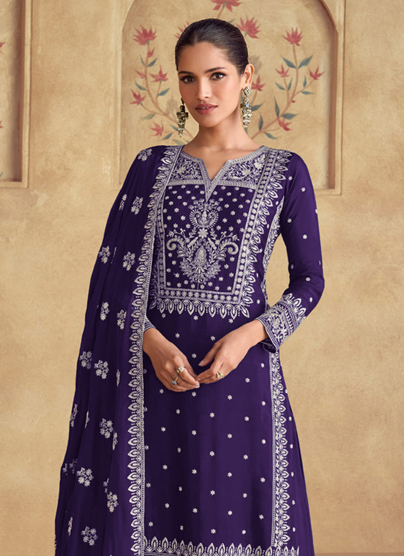 Vegaa Fashion Violet Georgette Embroidered Palazzo Suit
