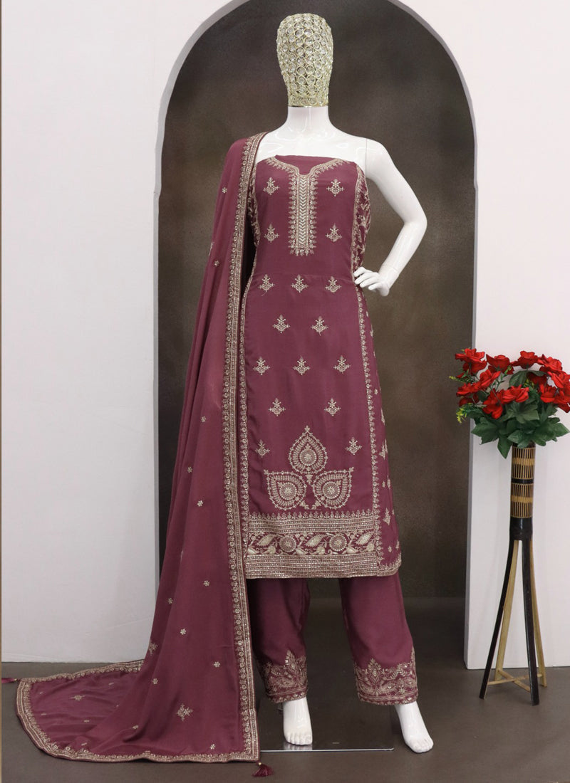 Vegaa Fashion Dark Peach Chinon Silk Embroidered Designer Salwar Suit - Distacart