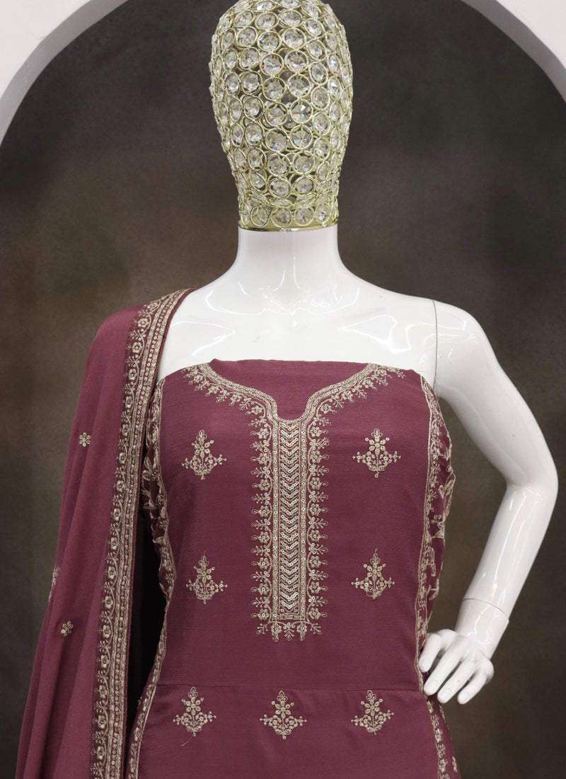 Vegaa Fashion Dark Peach Chinon Silk Embroidered Designer Salwar Suit - Distacart