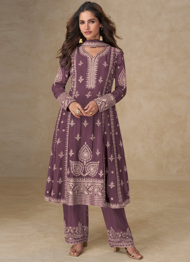 Vegaa Fashion Dark Peach Chinon Silk Embroidered Designer Salwar Suit - Distacart