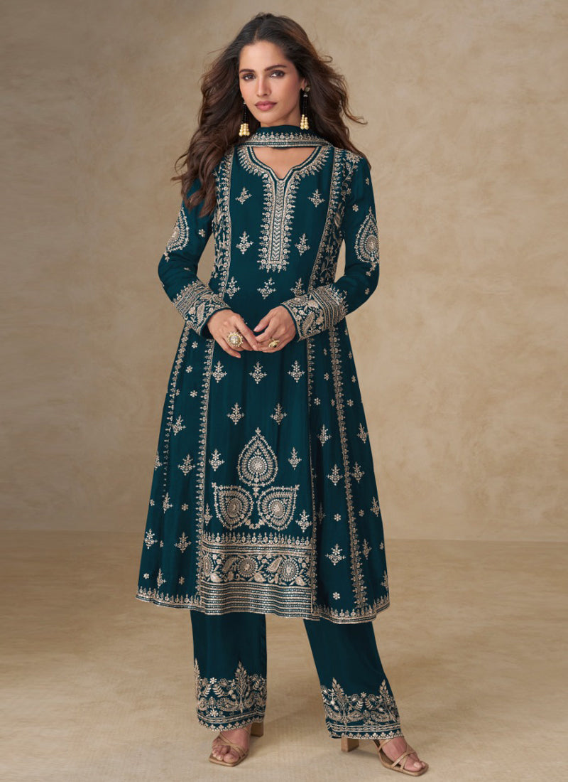 Vegaa Fashion Blue Chinon Silk Embroidered Designer Salwar Suit - Distacart