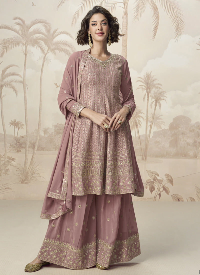 Vegaa Fashion Peach Georgette Embroidered Designer Palazzo Suit - Distacart