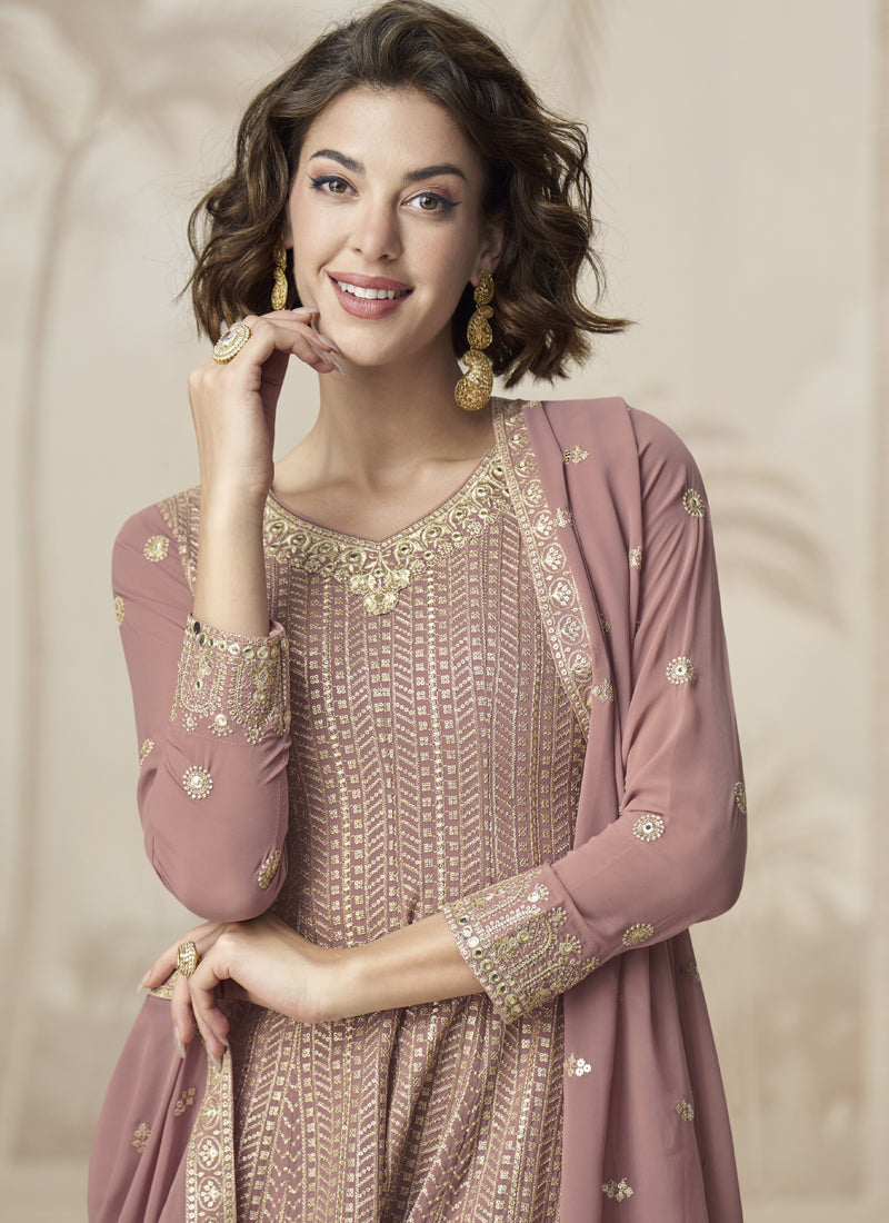 Vegaa Fashion Peach Georgette Embroidered Designer Palazzo Suit - Distacart