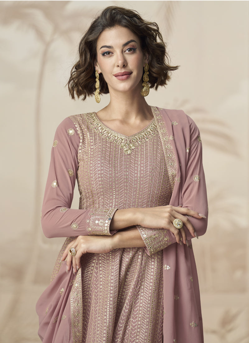 Vegaa Fashion Peach Georgette Embroidered Designer Palazzo Suit - Distacart