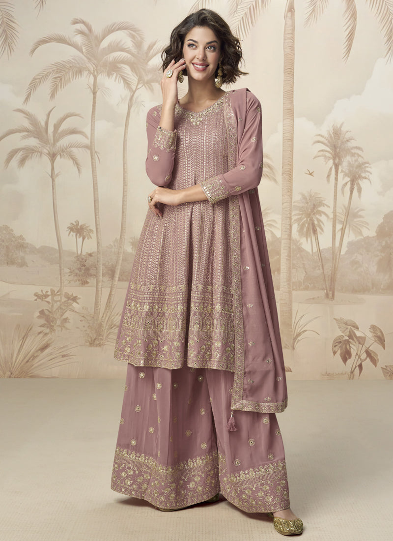 Vegaa Fashion Peach Georgette Embroidered Designer Palazzo Suit - Distacart