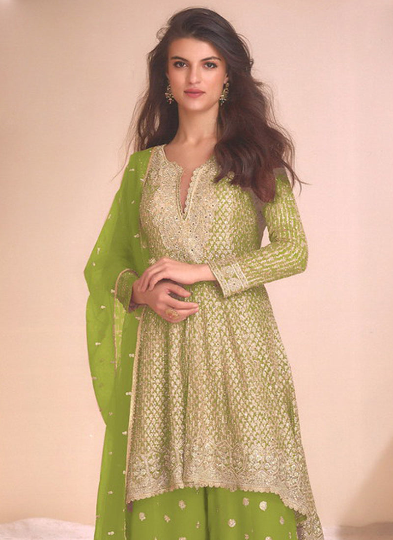 Vegaa Fashion Light Green Georgette Embroidered Palazzo Suit