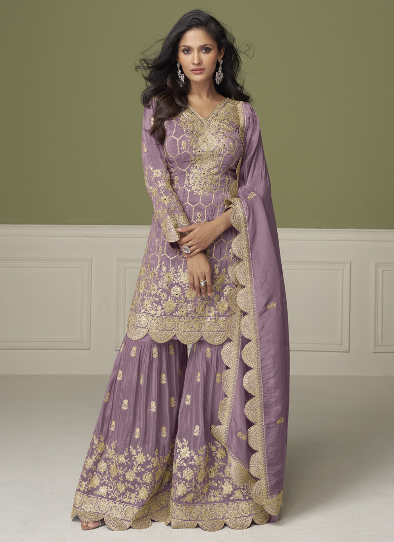 Vegaa Fashion Lavender Simar Silk Embroidered Designer Palazzo Suit - Distacart