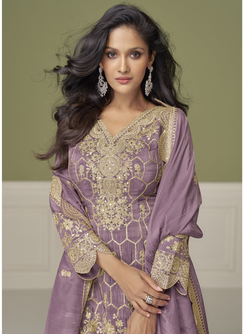 Vegaa Fashion Lavender Simar Silk Embroidered Designer Palazzo Suit - Distacart