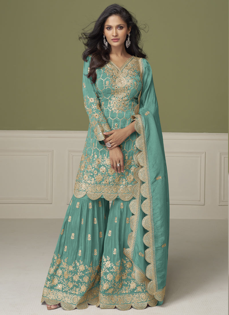 Vegaa Fashion Sea Green Simar Silk Embroidered Designer Palazzo Suit - Distacart