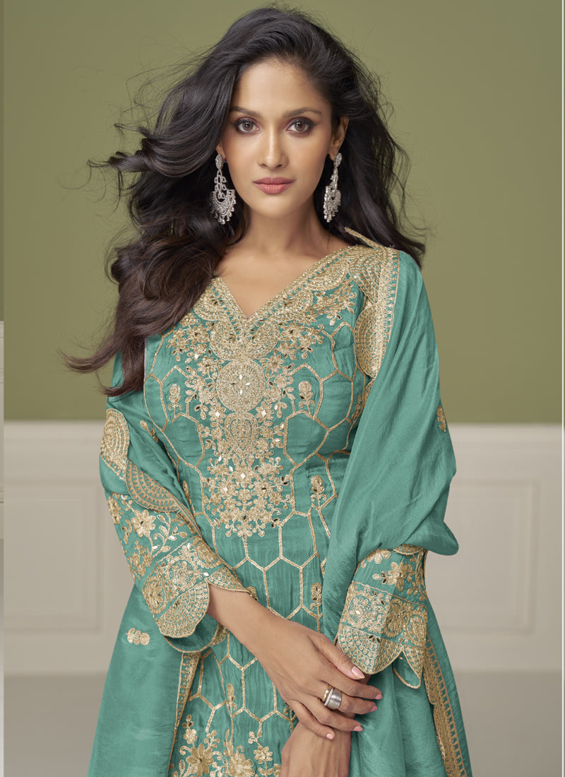 Vegaa Fashion Sea Green Simar Silk Embroidered Designer Palazzo Suit - Distacart