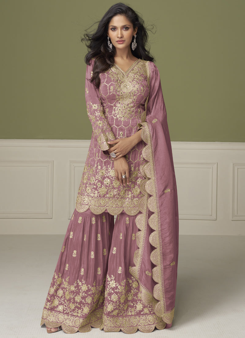 Vegaa Fashion Onion Pink Simar Silk Embroidered Designer Palazzo Suit - Distacart