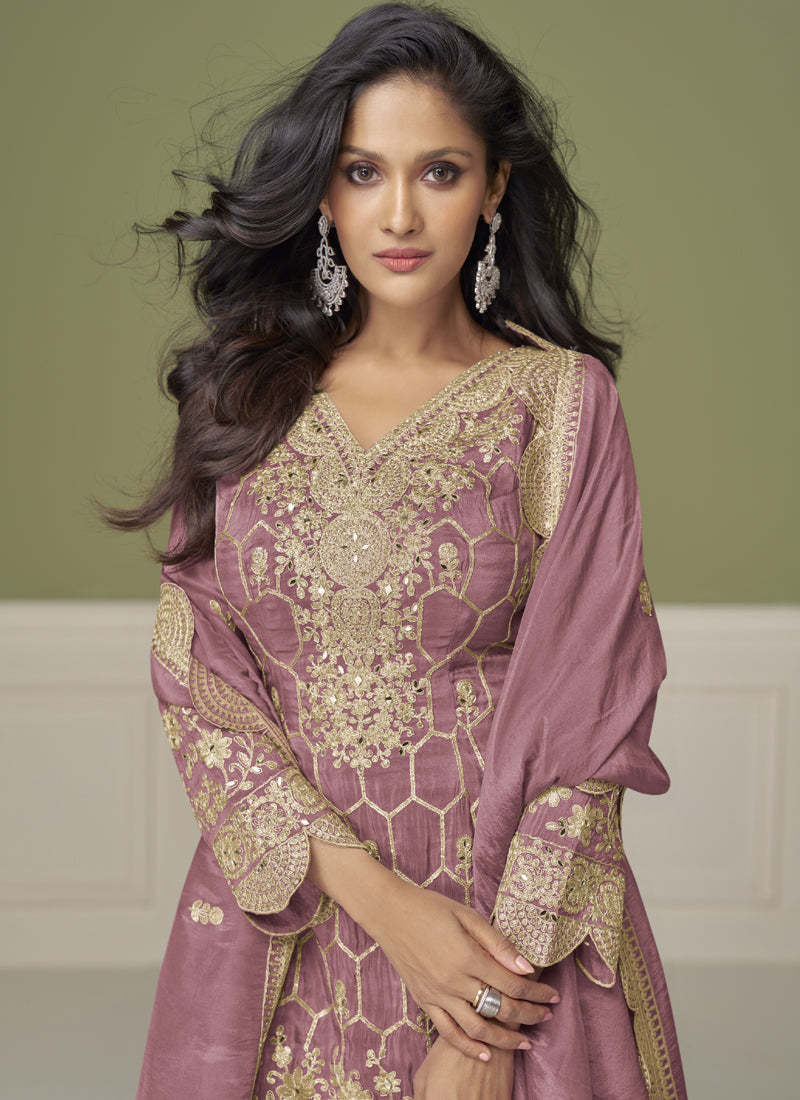 Vegaa Fashion Onion Pink Simar Silk Embroidered Designer Palazzo Suit - Distacart