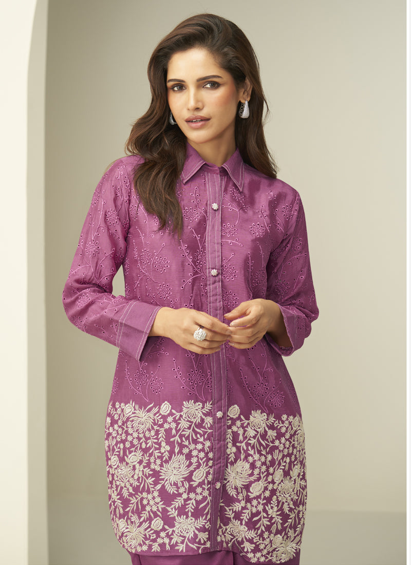 Vegaa Fashion Onion Pink Chinon Silk Embroidered Designer Co Ord Set - Distacart