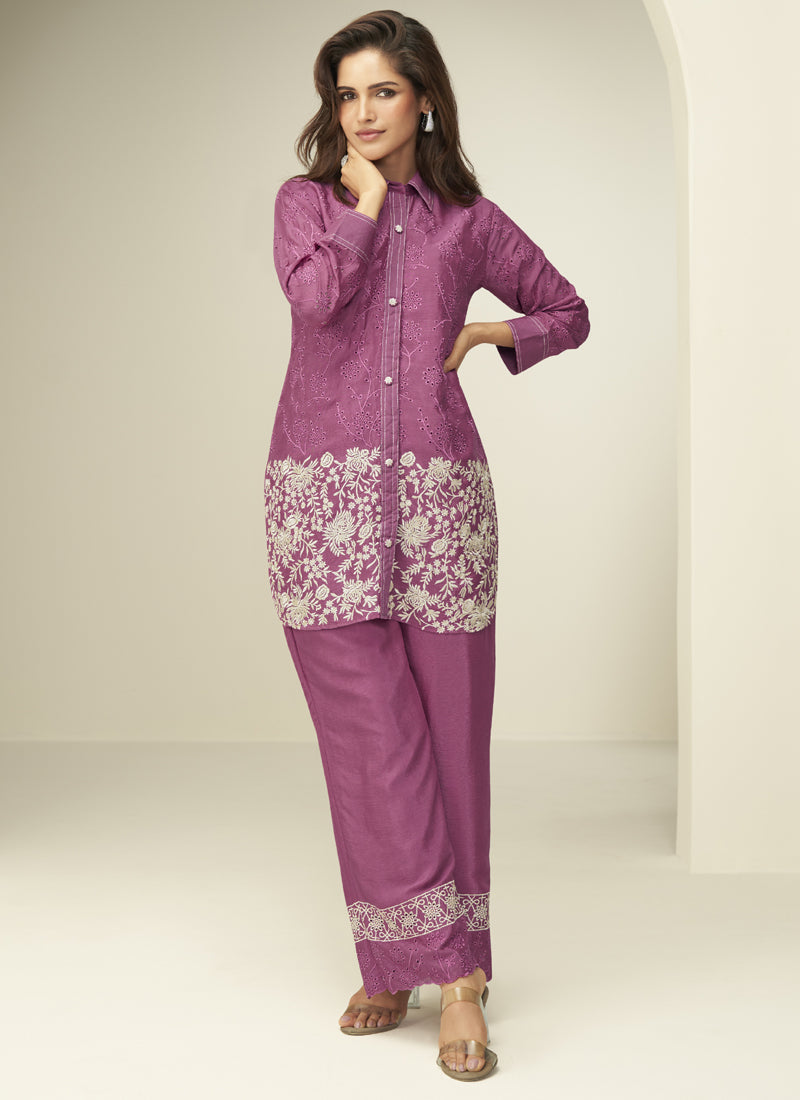 Vegaa Fashion Onion Pink Chinon Silk Embroidered Designer Co Ord Set - Distacart