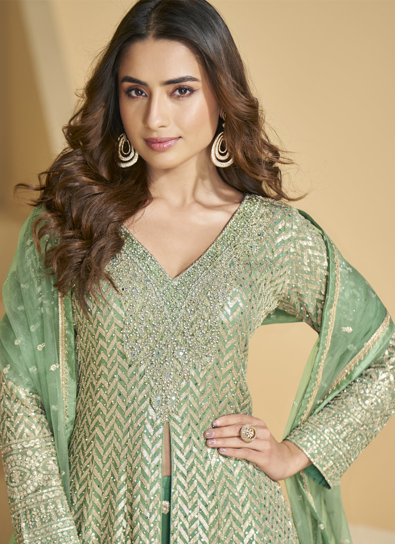 Vegaa Fashion Light Green Georgette Embroidered Designer Palazzo Suit