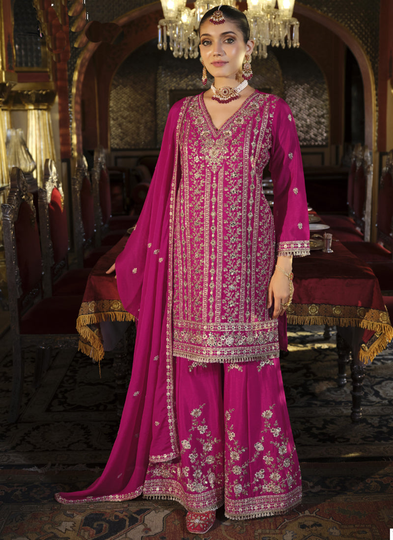 Vegaa Fashion Rani Pink Chinon Silk Embroidered Designer Palazzo Suit - Distacart
